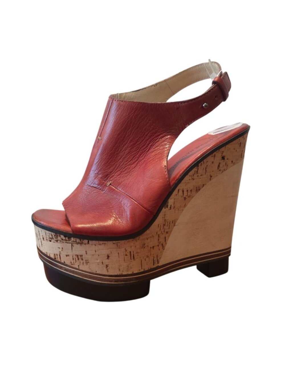 CoSTUME NATIONAL Wood & Cork Wedge Red Leather Sandals Sz 37 - Made In Italy